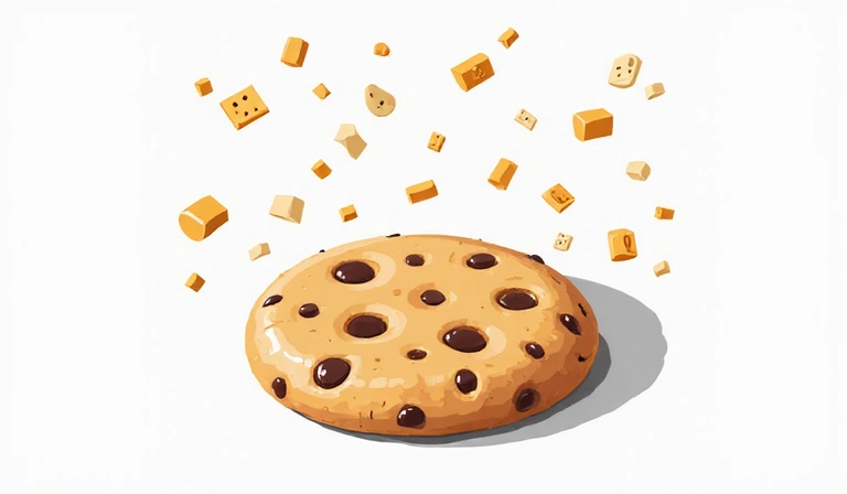 Ilustración de una galleta de internet con pequeños datos flotando a su alrededor, simbolizando una cookie digital.